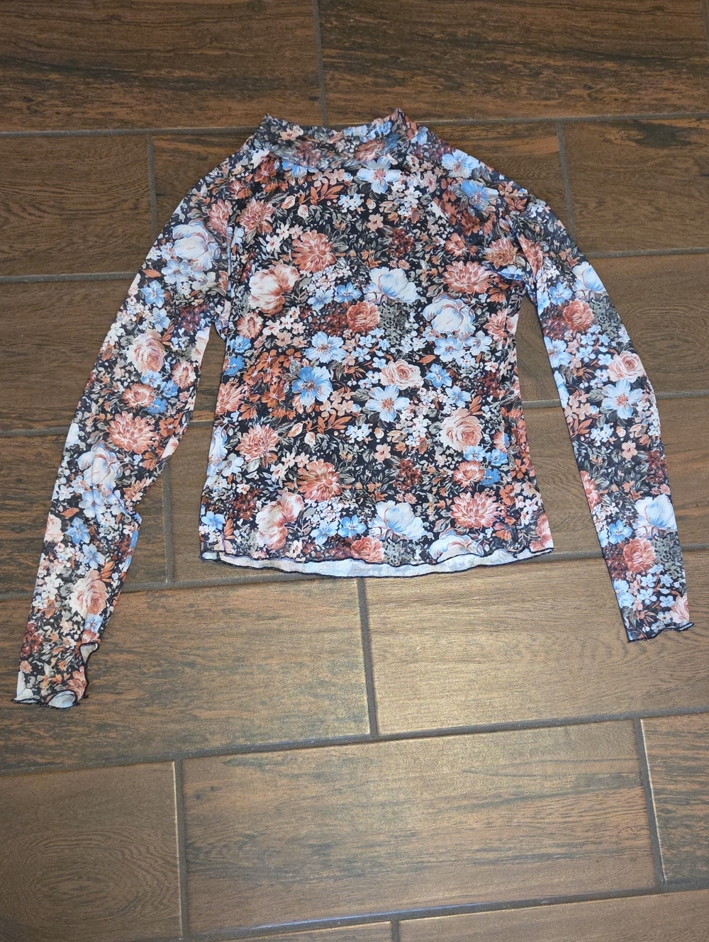Floral Long Sleeve Mock Neck Top - Pink/Blue